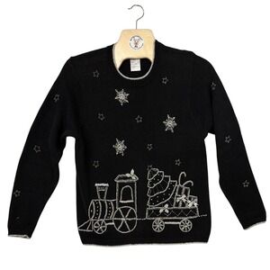 OHII Women's L Black Christmas Train Sweater‎ Beaded Holiday Ramie Metallic Trim
